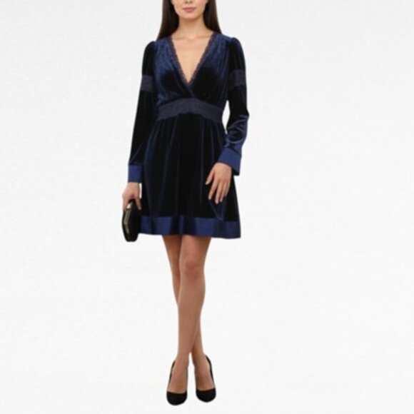 PINKO Navy Velvet Silk Mini Dress V-Neck Long Sleeve Sz 6 Classic Glamour Event - Picture 1 of 12